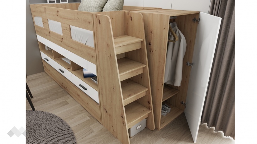 Двуетажно легло Франк с включени матраци Бонел 90/200 дъб артисан с бял гланц - изглед 8