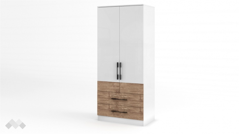 Гардероб Калифорния двукрилни бял с бял гланц и антик - изглед 1 - МебелМаг Гардероб Калифорния двукрилни бял с бял гланц и антик - изглед 1
