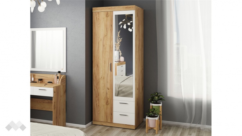 Гардероб Моник двукрилни златен дъб с бяло - изглед 1 - МебелМаг Гардероб Моник двукрилни златен дъб с бяло - изглед 1