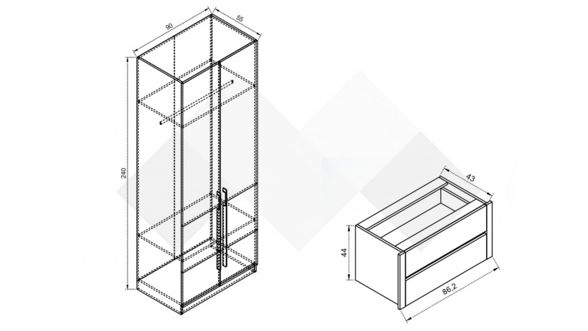 Гардероб с две чекмеджета Комо двукрилни дъб ърбан ойстър с бяло - изглед 2