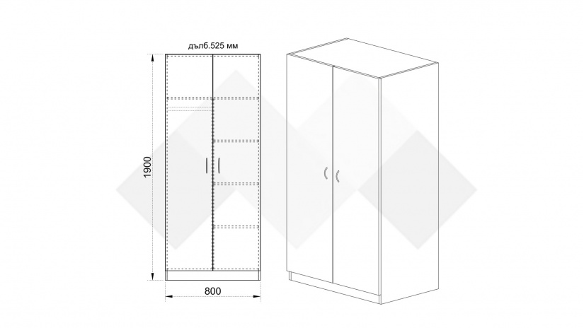 Гардероб Дилън двукрилни мока с лате - изглед 6