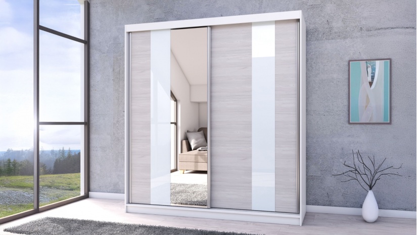 Гардероб Хелиос с плъзгащи врати дъб стокхолм с бяло гладко - изглед 1