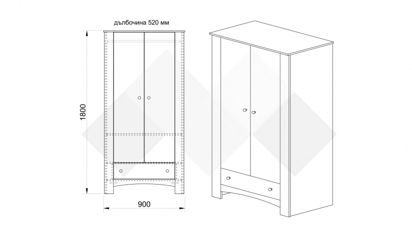 Гардероб Одеса двукрилни тъмна сонома - изглед 3 - МебелМаг Гардероб Одеса двукрилни тъмна сонома - изглед 3