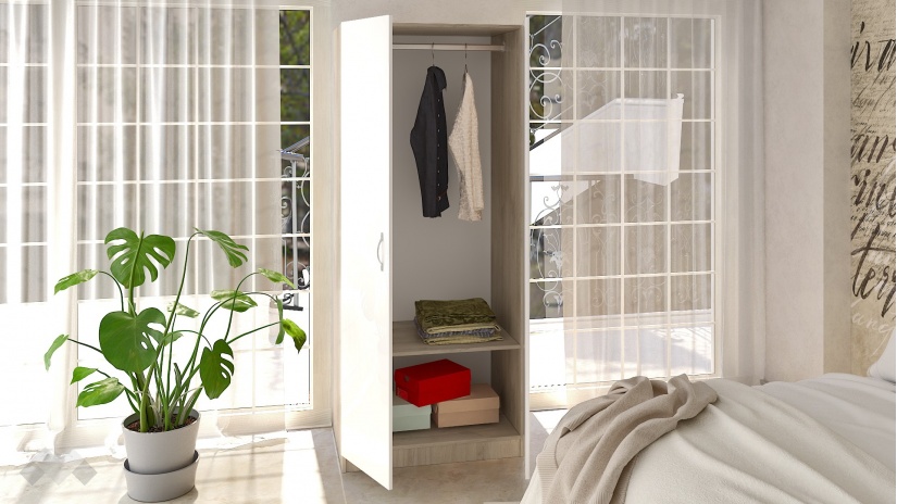 Гардероб Райън двукрилни сонома арвен с бял гланц - изглед 2 - МебелМаг Гардероб Райън двукрилни сонома арвен с бял гланц - изглед 2