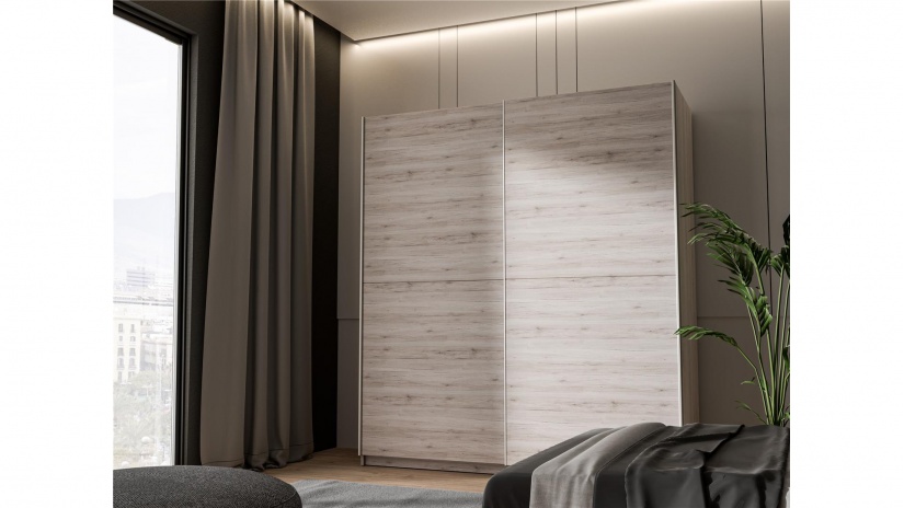 Гардероб с рафтове с плъзгащи врати пясъчен дъб - изглед 2 - МебелМаг Гардероб с рафтове с плъзгащи врати пясъчен дъб - изглед 2