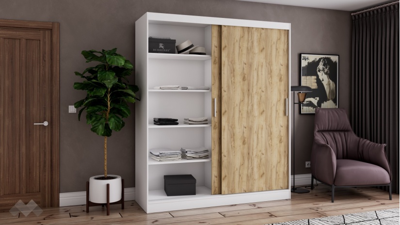 Гардероб Карлос с плъзгащи врати бял със златен дъб - изглед 3 - МебелМаг Гардероб Карлос с плъзгащи врати бял със златен дъб - изглед 3