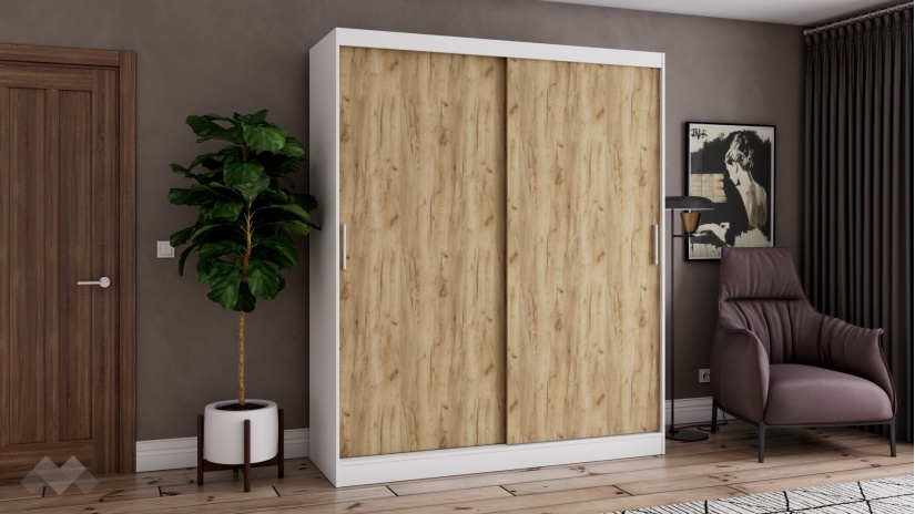 Гардероб Карлос с плъзгащи врати бял със златен дъб - изглед 1 - МебелМаг Гардероб Карлос с плъзгащи врати бял със златен дъб - изглед 1