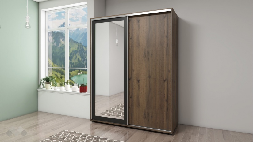 Гардероб с плъзгащи врати Кайли с плъзгащи врати дъб вотан с черно шагре - изглед 1 - МебелМаг Гардероб с плъзгащи врати Кайли с плъзгащи врати дъб вотан с черно шагре - изглед 1