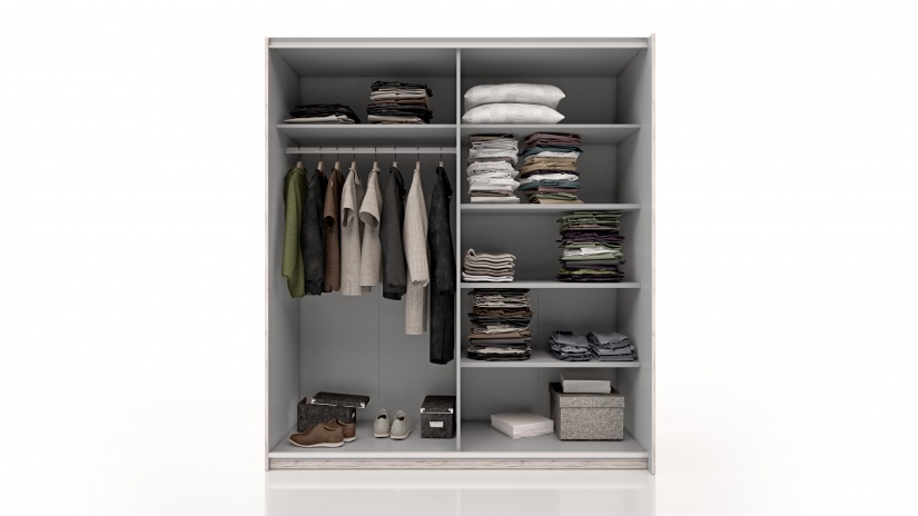 Гардероб с рафтове с плъзгащи врати пясъчен дъб - изглед 1 - МебелМаг Гардероб с рафтове с плъзгащи врати пясъчен дъб - изглед 1