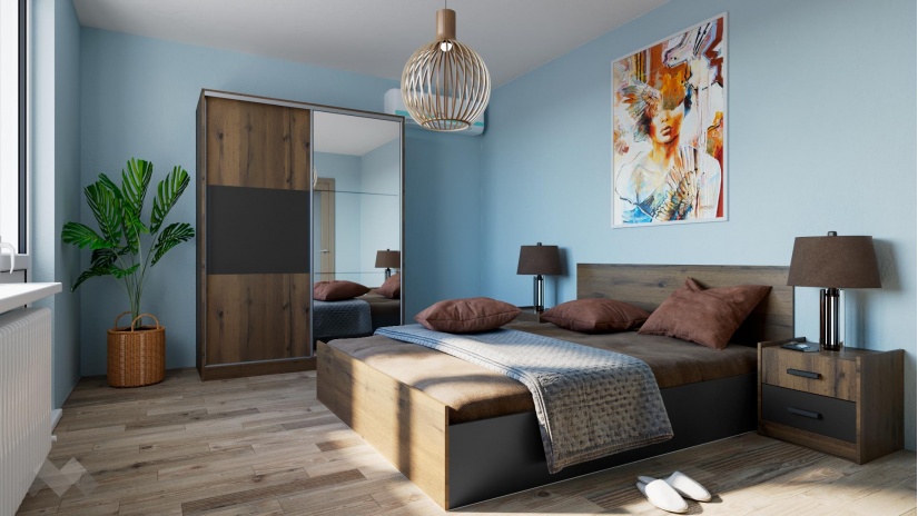 Спалня 160/200 Хироу с включен матрак Бонел 160/200 дъб вотан с черно шагре - изглед 3 - МебелМаг Спалня 160/200 Хироу с включен матрак Бонел 160/200 дъб вотан с черно шагре - изглед 3