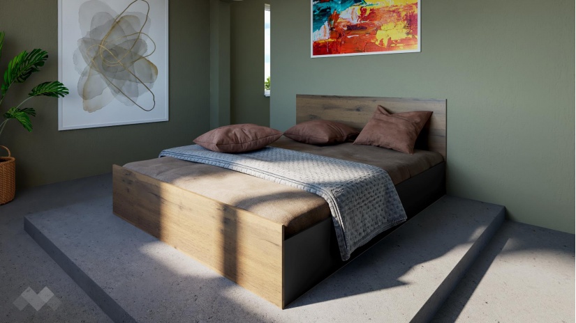 Спалня 160/200 Хироу с включен матрак Бонел 160/200 дъб вотан с черно шагре - изглед 1 - МебелМаг Спалня 160/200 Хироу с включен матрак Бонел 160/200 дъб вотан с черно шагре - изглед 1