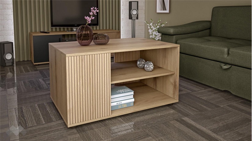 Холна маса Ламела дъб канела с дъб ламела и черно шагре - изглед 1 - МебелМаг Холна маса Ламела дъб канела с дъб ламела и черно шагре - изглед 1