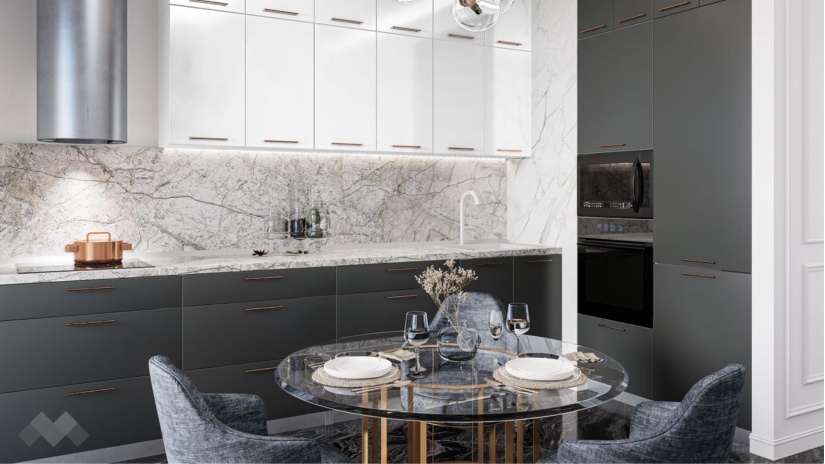 Кухня Гана прави карбон мат с бял гланц и бяло гладко - изглед 1 - МебелМаг Кухня Гана прави карбон мат с бял гланц и бяло гладко - изглед 1