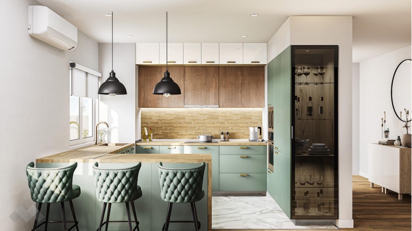 Кухня Амари с остров олив мат и крийм гланц - изглед 1 - МебелМаг Кухня Амари с остров олив мат и крийм гланц - изглед 1