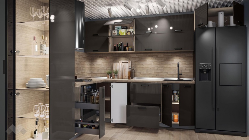 Кухня Ароса ъглови антрацит гланц с мока - изглед 2