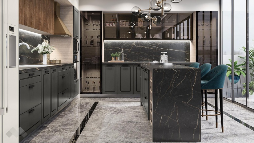 Кухня Дарма с остров цимент мат с крийм гланц и дъб натурал с мока - изглед 1