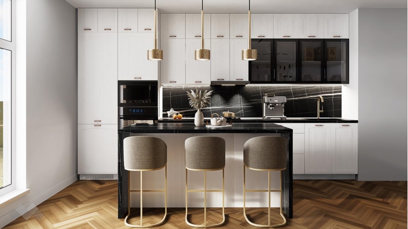 Кухня Кали с остров бял фладер с бяло гладко - изглед 1 - МебелМаг Кухня Кали с остров бял фладер с бяло гладко - изглед 1