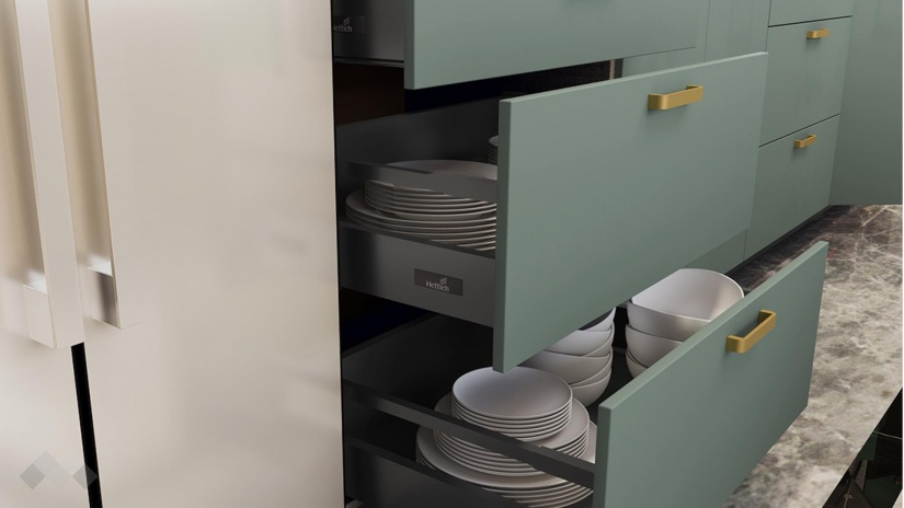 Кухня Каво с остров олив мат с крийм гланц и дъб натурал с мока - изглед 10