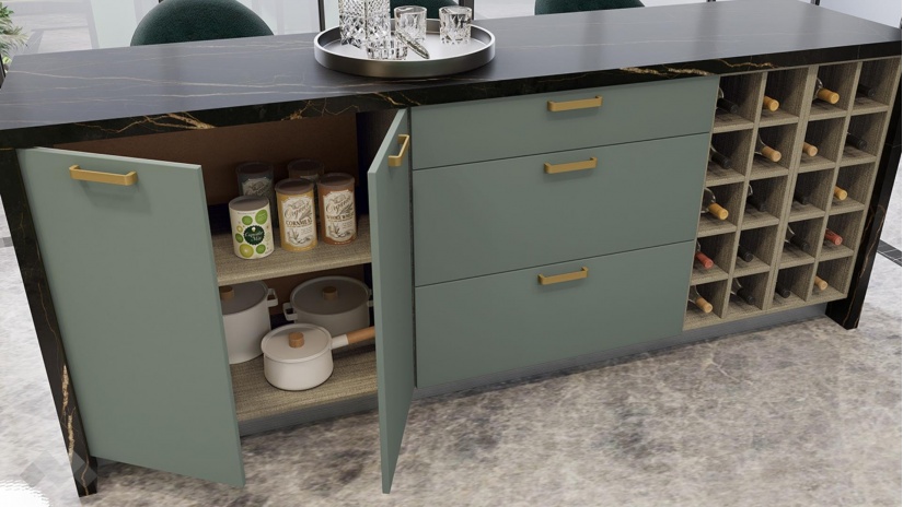 Кухня Каво с остров олив мат с крийм гланц и дъб натурал с мока - изглед 11