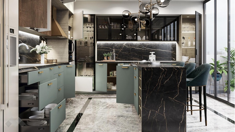 Кухня Каво с остров олив мат с крийм гланц и дъб натурал с мока - изглед 2