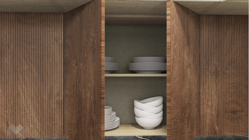 Кухня Каво с остров олив мат с крийм гланц и дъб натурал с мока - изглед 3