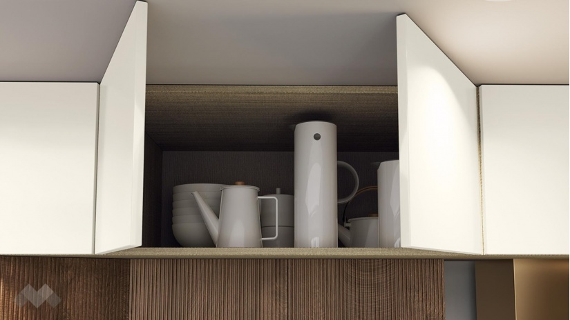 Кухня Каво с остров олив мат с крийм гланц и дъб натурал с мока - изглед 4