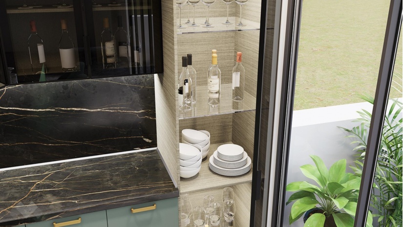 Кухня Каво с остров олив мат с крийм гланц и дъб натурал с мока - изглед 7