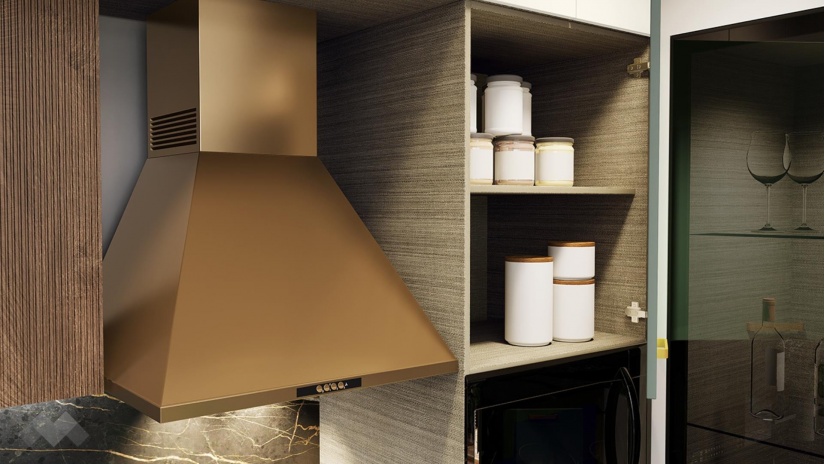 Кухня Каво с остров олив мат с крийм гланц и дъб натурал с мока - изглед 5