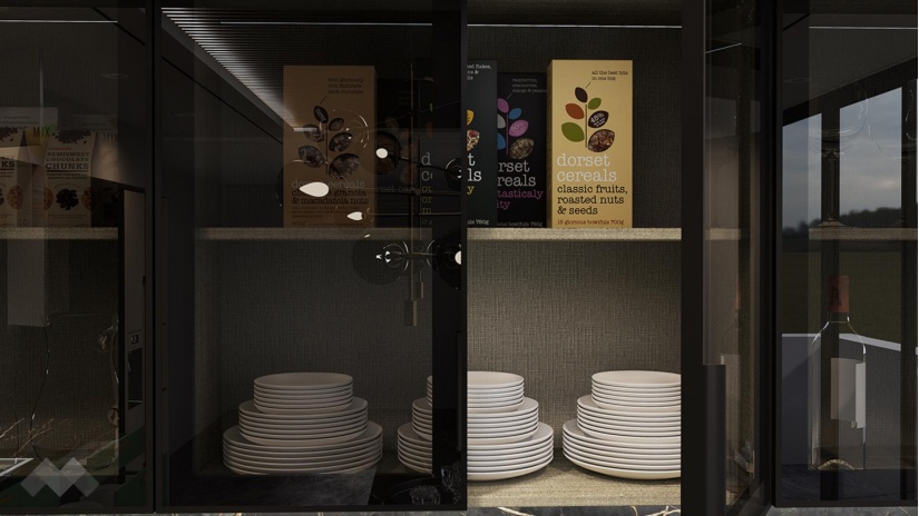 Кухня Каво с остров олив мат с крийм гланц и дъб натурал с мока - изглед 6