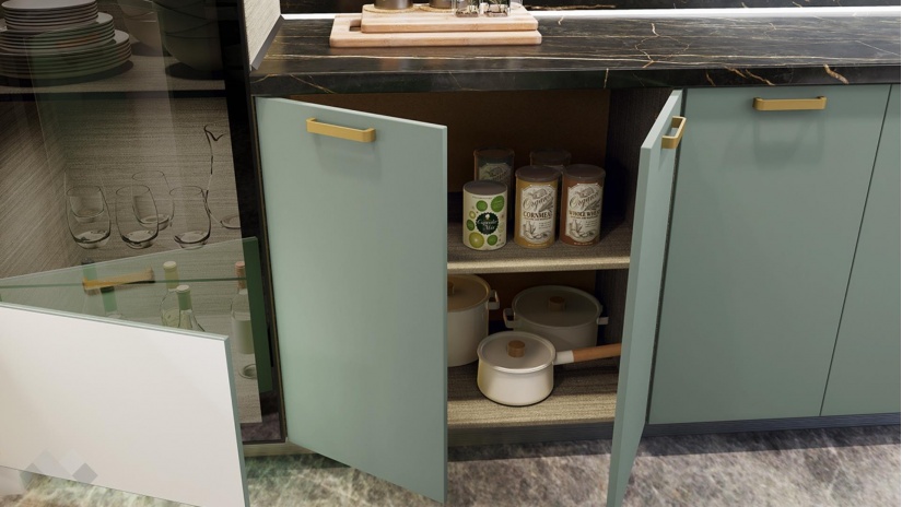 Кухня Каво с остров олив мат с крийм гланц и дъб натурал с мока - изглед 8