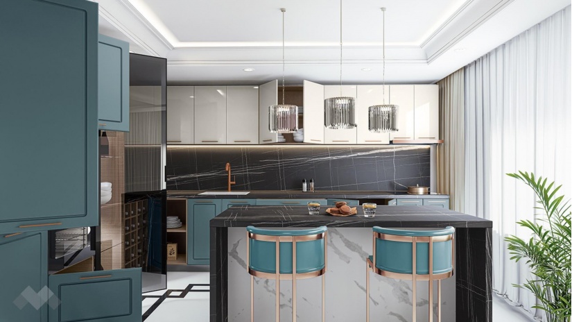 Кухня Ларо с остров деним мат с крийм гланц и мока - изглед 2