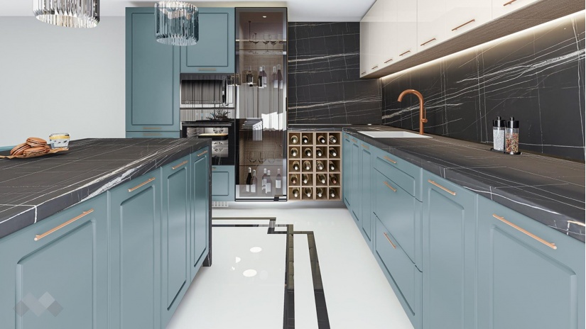 Кухня Ларо с остров деним мат с крийм гланц и мока - изглед 3