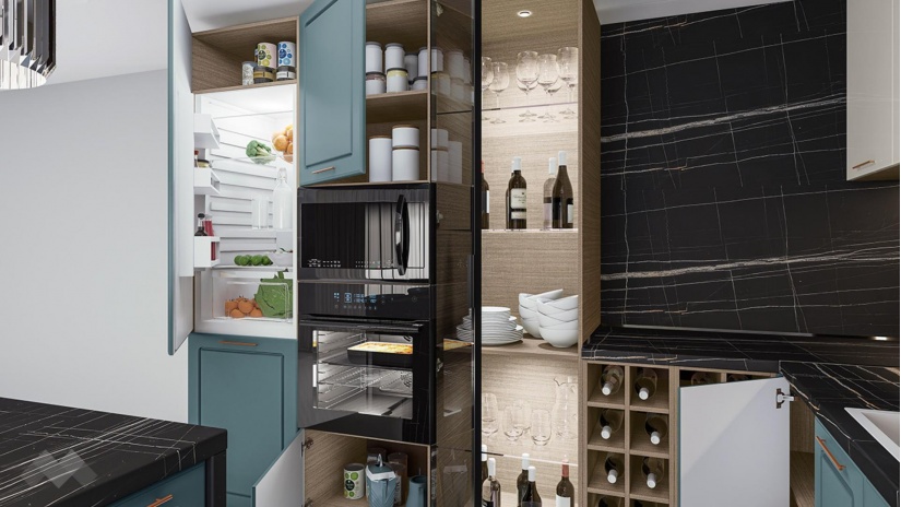 Кухня Ларо с остров деним мат с крийм гланц и мока - изглед 5