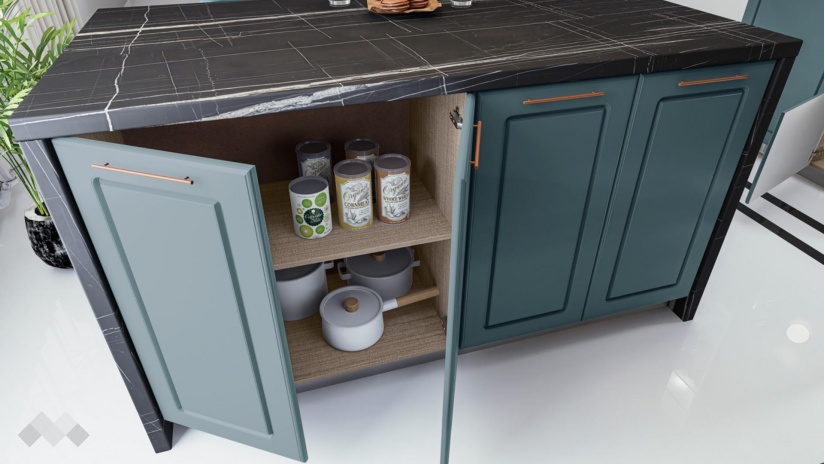 Кухня Ларо с остров деним мат с крийм гланц и мока - изглед 9