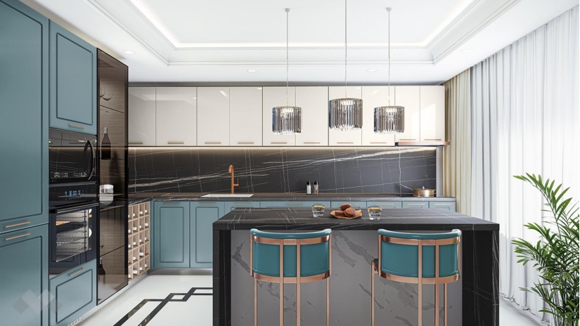 Кухня Ларо с остров деним мат с крийм гланц и мока - изглед 1