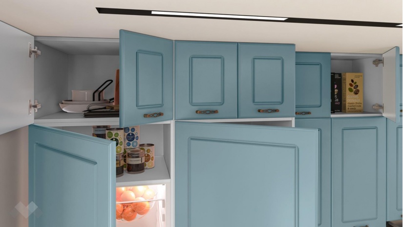 Кухня Овара с остров деним мат с бяло гладко - изглед 3 - МебелМаг Кухня Овара с остров деним мат с бяло гладко - изглед 3