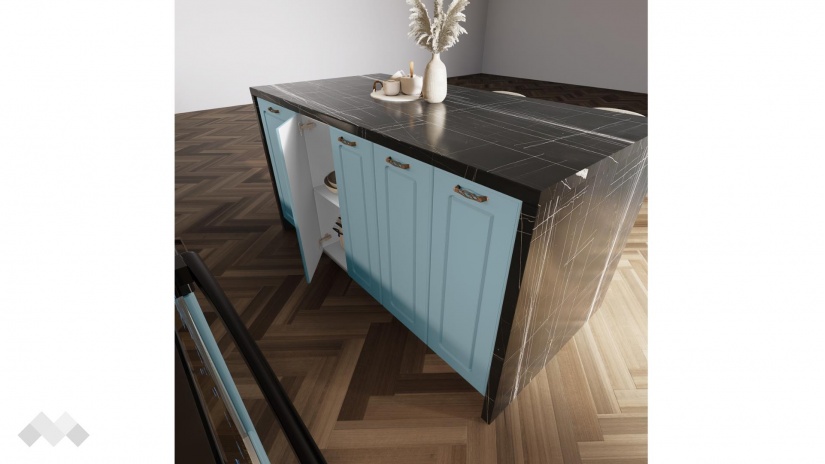 Кухня Овара с остров деним мат с бяло гладко - изглед 7 - МебелМаг Кухня Овара с остров деним мат с бяло гладко - изглед 7