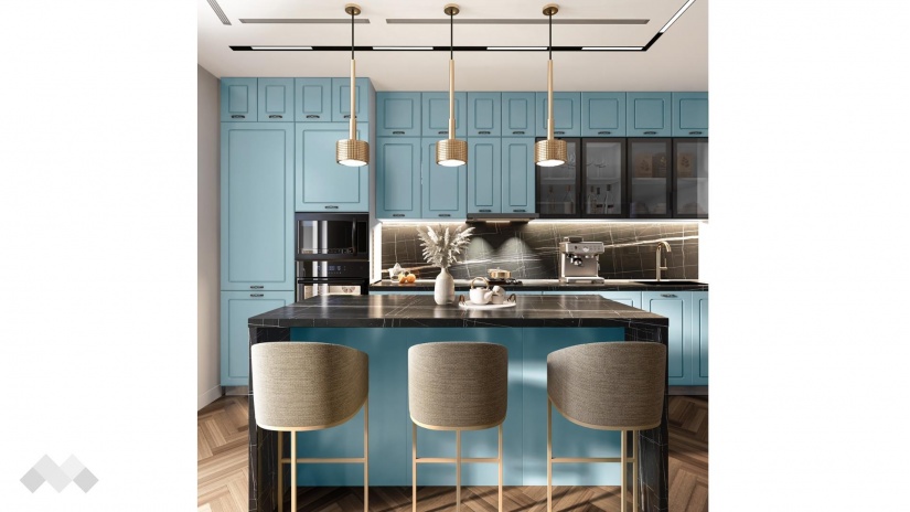 Кухня Овара с остров деним мат с бяло гладко - изглед 1 - МебелМаг Кухня Овара с остров деним мат с бяло гладко - изглед 1