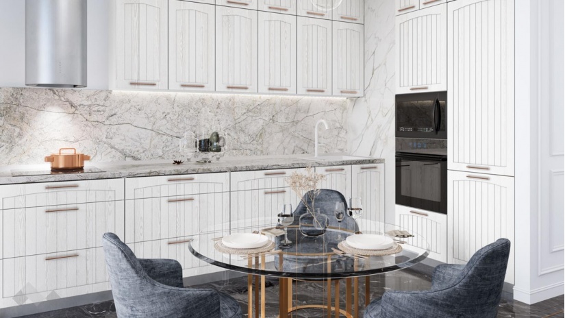 Кухня Сана бял фладер с бяло гладко - изглед 1