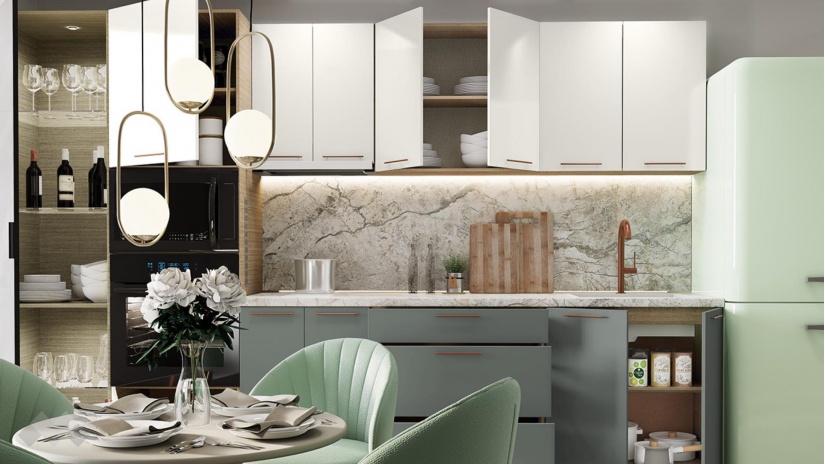 Кухня Сава олив мат с крийм гланц и мока - изглед 2