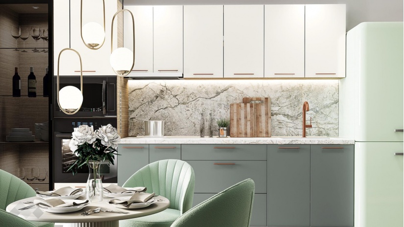 Кухня Сава олив мат с крийм гланц и мока - изглед 1