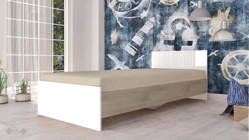 Легло 90/200 Хенри с включен матрак Бонел 90/200 сонома арвен с бял гланц - изглед 1 - МебелМаг Легло 90/200 Хенри с включен матрак Бонел 90/200 сонома арвен с бял гланц - изглед 1