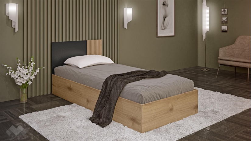 Легло 90/200 Ламела с включен матрак Бонел 90/200 дъб канела с дъб ламела и черно шагре - изглед 1