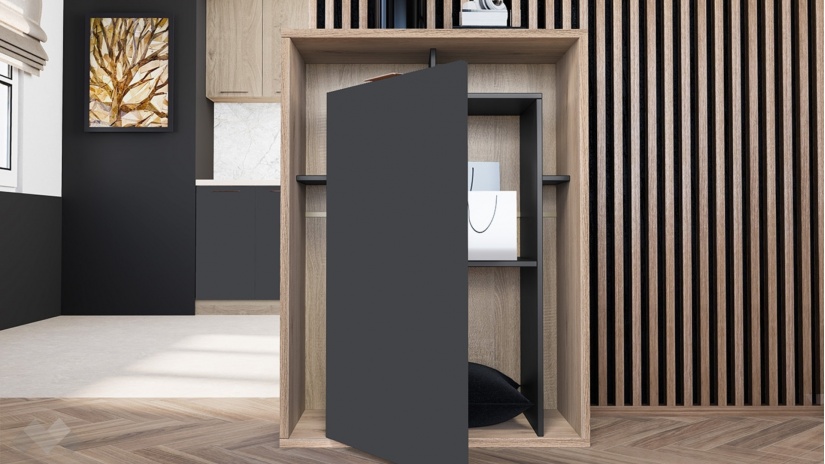 Нисък шкаф Фамо сонома арвен с графит и карбон мат - изглед 2 - МебелМаг Нисък шкаф Фамо сонома арвен с графит и карбон мат - изглед 2