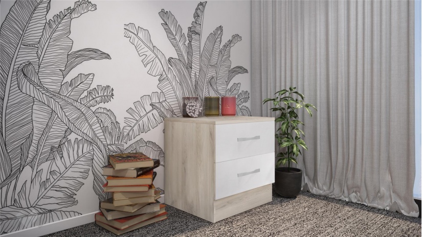 Нощен шкаф Диди сонома арвен с бял гланц - изглед 1 - МебелМаг Нощен шкаф Диди сонома арвен с бял гланц - изглед 1