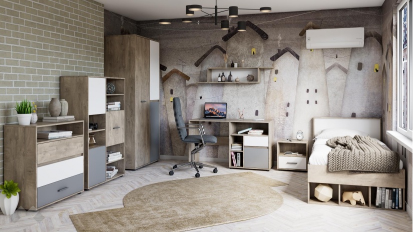 Нощен шкаф Мито дъб суров с бяло - изглед 3 - МебелМаг Нощен шкаф Мито дъб суров с бяло - изглед 3