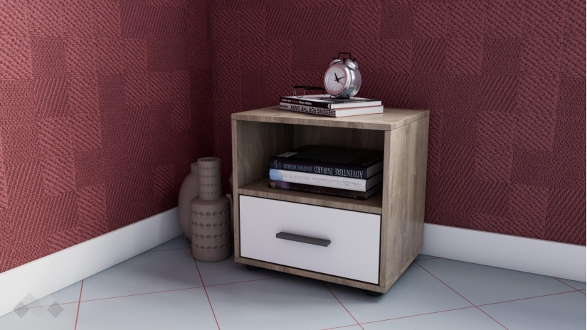 Нощен шкаф Мито дъб суров с бяло - изглед 1 - МебелМаг Нощен шкаф Мито дъб суров с бяло - изглед 1