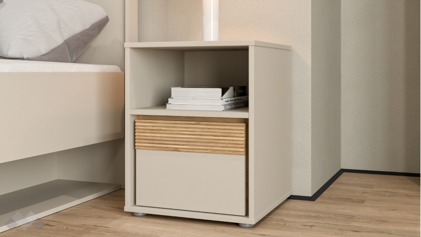 Нощно шкафче Векслин пясък с дъб маувела - изглед 1 - МебелМаг Нощно шкафче Векслин пясък с дъб маувела - изглед 1