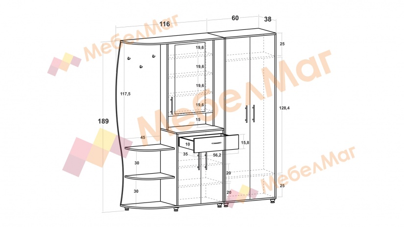 Портманто Грация 2 дъб крафт бял - изглед 2 - МебелМаг Портманто Грация 2 дъб крафт бял - изглед 2