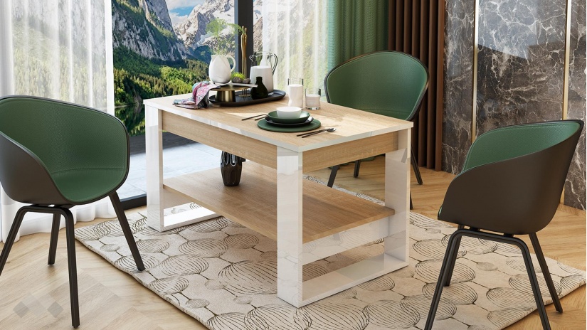 Холна маса Денвър разтегателни дъб сонома с бял гланц - изглед 1 - МебелМаг Холна маса Денвър разтегателни дъб сонома с бял гланц - изглед 1